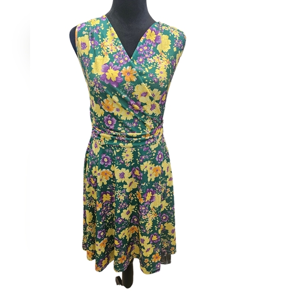 NWT Tam Ware Pleated Waist V Neck Sleeveless Floral Skater Dress Large - Picture 1 of 5